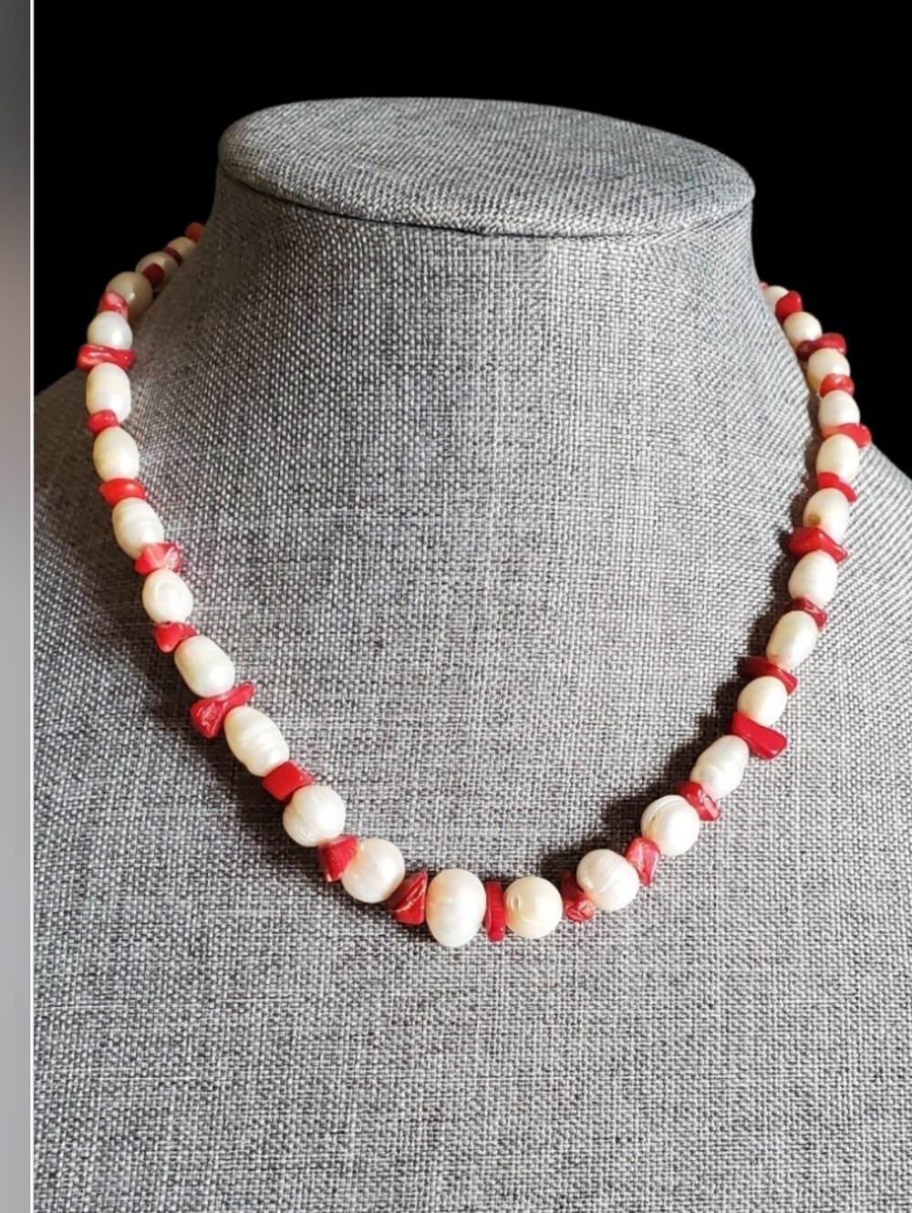 Vtg. Freshwater Pearls and Red Coral Bead Necklace
